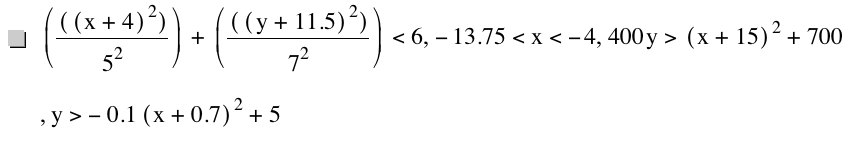 [[[x+4]^2]/5^2]+[[[y+11.5]^2]/7^2]<6,-13.75<x<-4,400*y>[x+15]^2+700,y>-(0.1*[x+0.7]^2)+5
