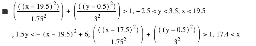 [[[x-19.5]^2]/1.75^2]+[[[y-0.5]^2]/3^2]>1,-2.5<y<3.5,x<19.5,1.5*y<-[x-19.5]^2+6,[[[x-17.5]^2]/1.75^2]+[[[y-0.5]^2]/3^2]>1,17.4<x