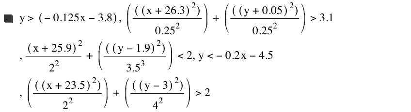 y>[-(0.125*x)-3.8],[[[x+26.3]^2]/0.25^2]+[[[y+0.05]^2]/0.25^2]>3.1,[x+25.9]^2/2^2+[[[y-1.9]^2]/3.5^3]<2,y<-(0.2*x)-4.5,[[[x+23.5]^2]/2^2]+[[[y-3]^2]/4^2]>2