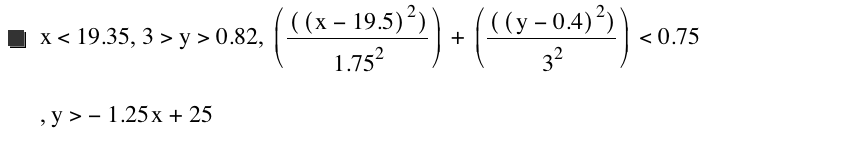 x<19.35,3>y>0.82,[[[x-19.5]^2]/1.75^2]+[[[y-0.4]^2]/3^2]<0.75,y>-(1.25*x)+25