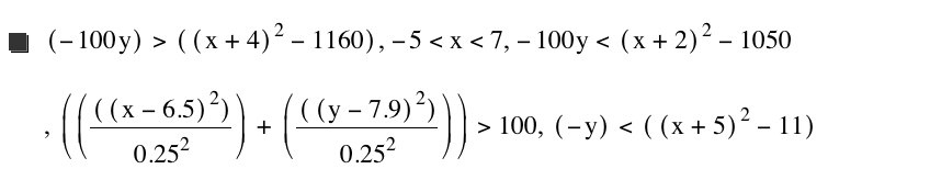 [-(100*y)]>[[x+4]^2-1160],-5<x<7,-(100*y)<[x+2]^2-1050,[[[[x-6.5]^2]/0.25^2]+[[[y-7.9]^2]/0.25^2]]>100,[-y]<[[x+5]^2-11]