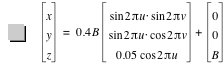 vector(x,y,z)=0.4*B*vector(sin(2*pi*u)*sin(2*pi*v),sin(2*pi*u)*cos(2*pi*v),0.05*cos(2*pi*u))+vector(0,0,B)