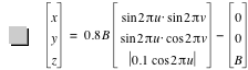 vector(x,y,z)=0.8*B*vector(sin(2*pi*u)*sin(2*pi*v),sin(2*pi*u)*cos(2*pi*v),abs(0.1*cos(2*pi*u)))-vector(0,0,B)