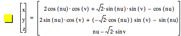vector(x,y,z)=vector(2*cos([n*u])*cos([v])+sqrt(2)*sin([n*u])*sin([v])-cos([n*u]),2*sin([n*u])*cos([v])+[-(sqrt(2)*cos([n*u]))]*sin([v])-sin([n*u]),n*u-(sqrt(2)*sin(v)))