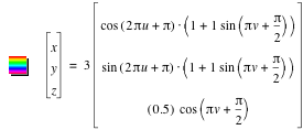 vector(x,y,z)=3*vector(cos([2*pi*u+pi])*[1+1*sin([pi*v+pi/2])],sin([2*pi*u+pi])*[1+1*sin([pi*v+pi/2])],[0.5]*cos([pi*v+pi/2]))