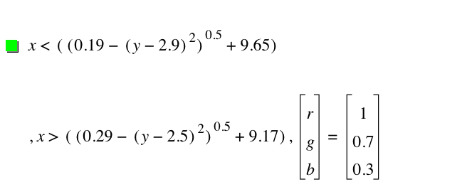 x<[[0.19-[y-2.9]^2]^0.5+9.65],x>[[0.29-[y-2.5]^2]^0.5+9.17],vector(r,g,b)=vector(1,0.7,0.3)