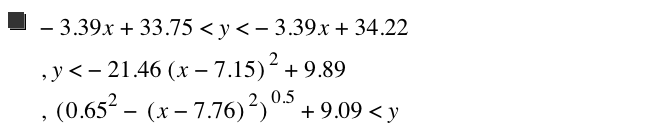 -(3.39*x)+33.75<y<-(3.39*x)+34.22,y<-(21.46*[x-7.15]^2)+9.890000000000001,[0.65^2-[x-7.76]^2]^0.5+9.09<y