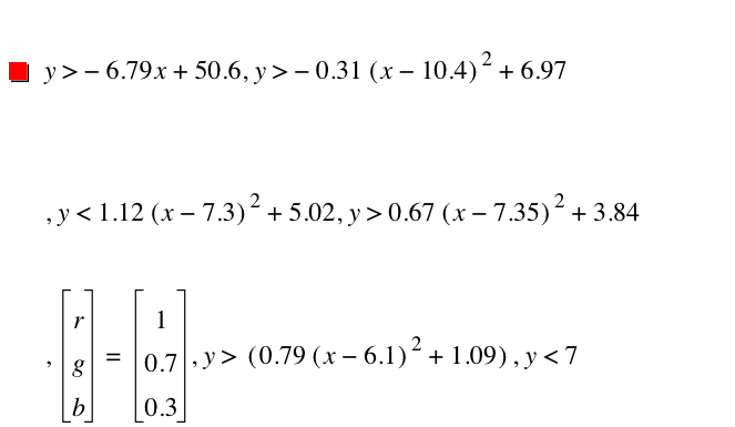 y>-(6.79*x)+50.6,y>-(0.31*[x-10.4]^2)+6.97,y<1.12*[x-7.3]^2+5.02,y>0.67*[x-7.35]^2+3.84,vector(r,g,b)=vector(1,0.7,0.3),y>[0.79*[x-6.1]^2+1.09],y<7