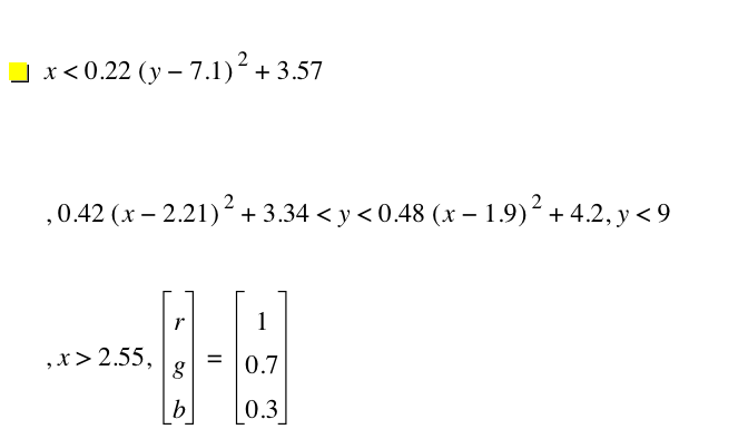 x<0.22*[y-7.1]^2+3.57,0.42*[x-2.21]^2+3.34<y<0.48*[x-1.9]^2+4.2,y<9,x>2.55,vector(r,g,b)=vector(1,0.7,0.3)