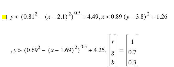 y<[0.8100000000000001^2-[x-2.1]^2]^0.5+4.49,x<0.89*[y-3.8]^2+1.26,y>[0.6899999999999999^2-[x-1.69]^2]^0.5+4.25,vector(r,g,b)=vector(1,0.7,0.3)