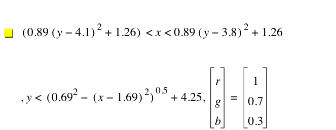 [0.89*[y-4.1]^2+1.26]<x<0.89*[y-3.8]^2+1.26,y<[0.6899999999999999^2-[x-1.69]^2]^0.5+4.25,vector(r,g,b)=vector(1,0.7,0.3)