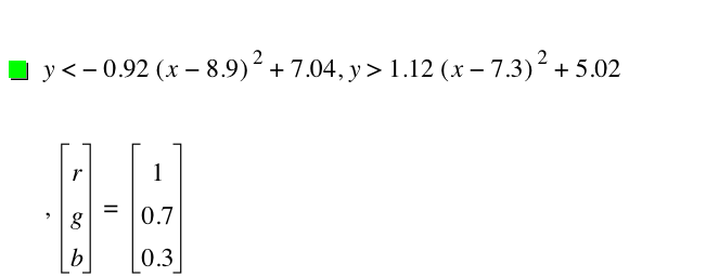 y<-(0.92*[x-8.9]^2)+7.04,y>1.12*[x-7.3]^2+5.02,vector(r,g,b)=vector(1,0.7,0.3)