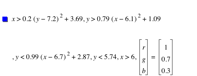 x>0.2*[y-7.2]^2+3.69,y>0.79*[x-6.1]^2+1.09,y<0.99*[x-6.7]^2+2.87,y<5.74,x>6,vector(r,g,b)=vector(1,0.7,0.3)