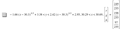 -(1.66*[x-30.3]^0.5)+3.38<y<2.42*[x-30.3]^0.5+2.95,30.29<x<30.69,vector(r,g,b)=vector(249/255,198/255,97/255)