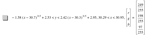 -(1.58*[x-30.7]^0.5)+2.53<y<2.42*[x-30.3]^0.5+2.95,30.29<x<30.95,vector(r,g,b)=vector(249/255,198/255,97/255)