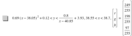 0.6899999999999999*[x-38.05]^2+0.12<y<0.8/(x-40.85)+3.93,38.55<x<38.7,vector(r,g,b)=vector(249/255,198/255,97/255)