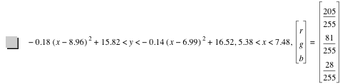 -(0.18*[x-8.960000000000001]^2)+15.82<y<-(0.14*[x-6.99]^2)+16.52,5.38<x<7.48,vector(r,g,b)=vector(205/255,81/255,28/255)