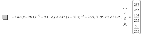 -(2.42*[x-28.1]^(1/2))+9.109999999999999<y<2.42*[x-30.3]^0.5+2.95,30.95<x<31.25,vector(r,g,b)=vector(237/255,154/255,50/255)