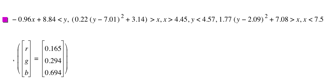 -(0.96*x)+8.84<y,[0.22*[y-7.01]^2+3.14]>x,x>4.45,y<4.57,1.77*[y-2.09]^2+7.08>x,x<7.5,[vector(r,g,b)=vector(0.165,0.294,0.694)]