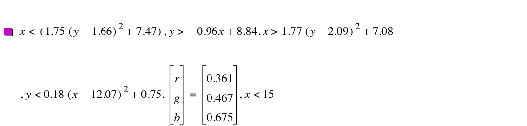 x<[1.75*[y-1.66]^2+7.47],y>-(0.96*x)+8.84,x>1.77*[y-2.09]^2+7.08,y<0.18*[x-12.07]^2+0.75,vector(r,g,b)=vector(0.361,0.467,0.675),x<15