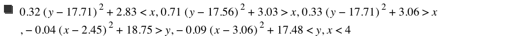 0.32*[y-17.71]^2+2.83<x,0.71*[y-17.56]^2+3.03>x,0.33*[y-17.71]^2+3.06>x,-(0.04*[x-2.45]^2)+18.75>y,-(0.09*[x-3.06]^2)+17.48<y,x<4