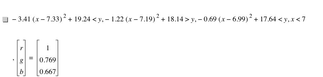 -(3.41*[x-7.33]^2)+19.24<y,-(1.22*[x-7.19]^2)+18.14>y,-(0.6899999999999999*[x-6.99]^2)+17.64<y,x<7,vector(r,g,b)=vector(1,0.769,0.667)