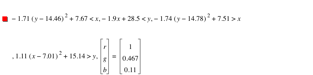 -(1.71*[y-14.46]^2)+7.67<x,-(1.9*x)+28.5<y,-(1.74*[y-14.78]^2)+7.51>x,1.11*[x-7.01]^2+15.14>y,vector(r,g,b)=vector(1,0.467,0.11)