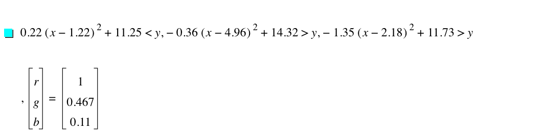 0.22*[x-1.22]^2+11.25<y,-(0.36*[x-4.96]^2)+14.32>y,-(1.35*[x-2.18]^2)+11.73>y,vector(r,g,b)=vector(1,0.467,0.11)