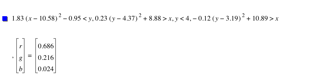 1.83*[x-10.58]^2-0.95<y,0.23*[y-4.37]^2+8.880000000000001>x,y<4,-(0.12*[y-3.19]^2)+10.89>x,vector(r,g,b)=vector(0.6860000000000001,0.216,0.024)