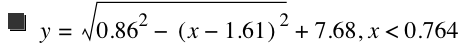 y=sqrt(0.86^2-[x-1.61]^2)+7.68,x<0.764