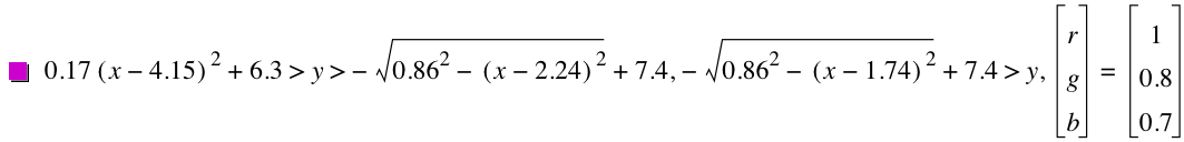 0.17*[x-4.15]^2+6.3>y>-sqrt(0.86^2-[x-2.24]^2)+7.4,-sqrt(0.86^2-[x-1.74]^2)+7.4>y,vector(r,g,b)=vector(1,0.8,0.7)
