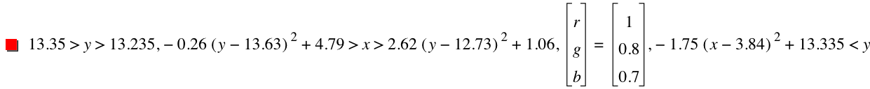 13.35>y>13.235,-(0.26*[y-13.63]^2)+4.79>x>2.62*[y-12.73]^2+1.06,vector(r,g,b)=vector(1,0.8,0.7),-(1.75*[x-3.84]^2)+13.335<y