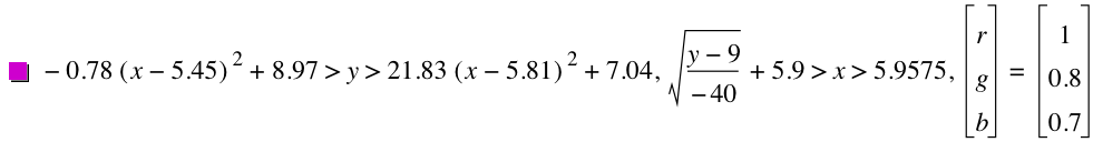 -(0.78*[x-5.45]^2)+8.970000000000001>y>21.83*[x-5.81]^2+7.04,sqrt((y-9)/-40)+5.9>x>5.9575,vector(r,g,b)=vector(1,0.8,0.7)