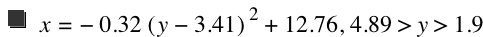 x=-(0.32*[y-3.41]^2)+12.76,4.89>y>1.9