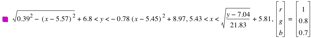 sqrt(0.39^2-[x-5.57]^2)+6.8<y<-(0.78*[x-5.45]^2)+8.970000000000001,5.43<x<sqrt((y-7.04)/21.83)+5.81,vector(r,g,b)=vector(1,0.8,0.7)