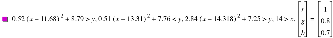 0.52*[x-11.68]^2+8.789999999999999>y,0.51*[x-13.31]^2+7.76<y,2.84*[x-14.318]^2+7.25>y,14>x,vector(r,g,b)=vector(1,0.8,0.7)