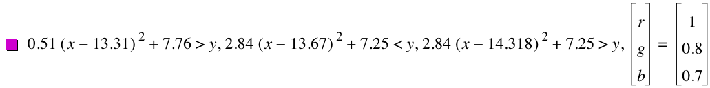 0.51*[x-13.31]^2+7.76>y,2.84*[x-13.67]^2+7.25<y,2.84*[x-14.318]^2+7.25>y,vector(r,g,b)=vector(1,0.8,0.7)