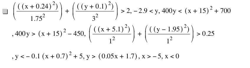 [[[x+0.24]^2]/1.75^2]+[[[y+0.1]^2]/3^2]>2,-2.9<y,400*y<[x+15]^2+700,400*y>[x+15]^2-450,[[[x+5.1]^2]/1^2]+[[[y-1.95]^2]/1^2]>0.25,y<-(0.1*[x+0.7]^2)+5,y>[0.05*x+1.7],x>-5,x<0