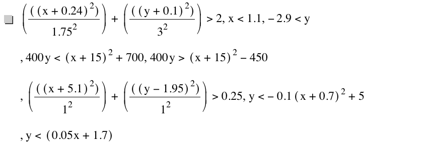 [[[x+0.24]^2]/1.75^2]+[[[y+0.1]^2]/3^2]>2,x<1.1,-2.9<y,400*y<[x+15]^2+700,400*y>[x+15]^2-450,[[[x+5.1]^2]/1^2]+[[[y-1.95]^2]/1^2]>0.25,y<-(0.1*[x+0.7]^2)+5,y<[0.05*x+1.7]