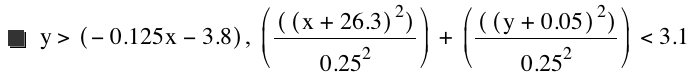 y>[-(0.125*x)-3.8],[[[x+26.3]^2]/0.25^2]+[[[y+0.05]^2]/0.25^2]<3.1