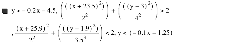 y>-(0.2*x)-4.5,[[[x+23.5]^2]/2^2]+[[[y-3]^2]/4^2]>2,[x+25.9]^2/2^2+[[[y-1.9]^2]/3.5^3]<2,y<[-(0.1*x)-1.25]