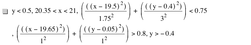 y<0.5,20.35<x<21,[[[x-19.5]^2]/1.75^2]+[[[y-0.4]^2]/3^2]<0.75,[[[x-19.65]^2]/1^2]+[[[y-0.05]^2]/1^2]>0.8,y>-0.4