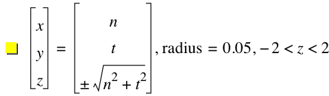 vector(x,y,z)=vector(n,t,plusorminus(sqrt(n^2+t^2))),'radius'=0.05,-2<z<2