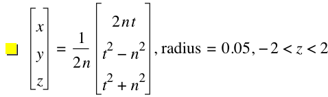vector(x,y,z)=1/(2*n)*vector(2*n*t,t^2-n^2,t^2+n^2),'radius'=0.05,-2<z<2