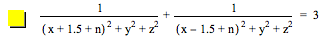 1/([x+1.5+n]^2+y^2+z^2)+1/([x-1.5+n]^2+y^2+z^2)=3
