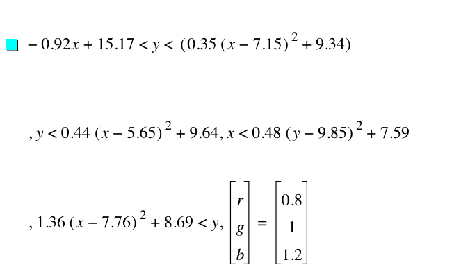 -(0.92*x)+15.17<y<[0.35*[x-7.15]^2+9.34],y<0.44*[x-5.65]^2+9.640000000000001,x<0.48*[y-9.85]^2+7.59,1.36*[x-7.76]^2+8.69<y,vector(r,g,b)=vector(0.8,1,1.2)