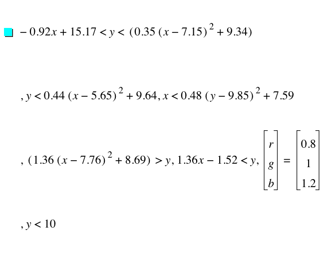 -(0.92*x)+15.17<y<[0.35*[x-7.15]^2+9.34],y<0.44*[x-5.65]^2+9.640000000000001,x<0.48*[y-9.85]^2+7.59,[1.36*[x-7.76]^2+8.69]>y,1.36*x-1.52<y,vector(r,g,b)=vector(0.8,1,1.2),y<10
