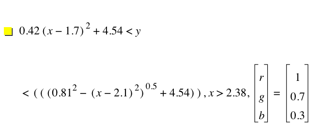 0.42*[x-1.7]^2+4.54<y<[[[0.8100000000000001^2-[x-2.1]^2]^0.5+4.54]],x>2.38,vector(r,g,b)=vector(1,0.7,0.3)