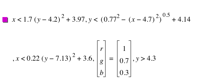 x<1.7*[y-4.2]^2+3.97,y<[0.77^2-[x-4.7]^2]^0.5+4.14,x<0.22*[y-7.13]^2+3.6,vector(r,g,b)=vector(1,0.7,0.3),y>4.3