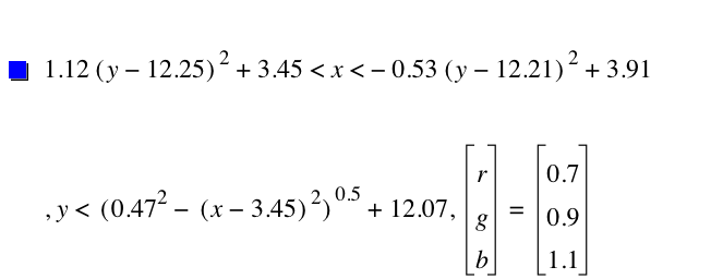 1.12*[y-12.25]^2+3.45<x<-(0.53*[y-12.21]^2)+3.91,y<[0.47^2-[x-3.45]^2]^0.5+12.07,vector(r,g,b)=vector(0.7,0.9,1.1)